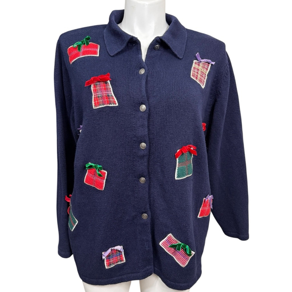 Liz & Me Sweaters - Liz & Me Navy Christmas Gift Appliqué Sweater Women’s Size 1X